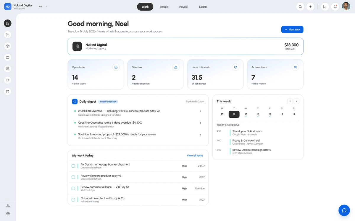 CCAS CRM dashboard: daily digest, tasks and this week's schedule