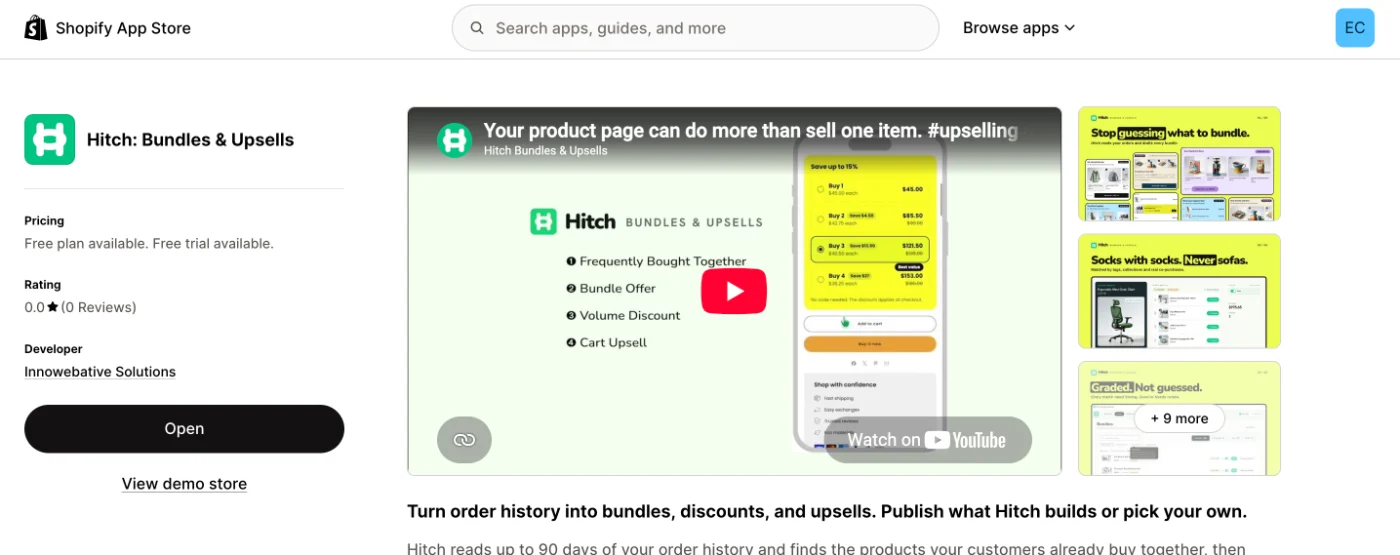 Hitch: Bundles & Upsells listing on the Shopify App Store