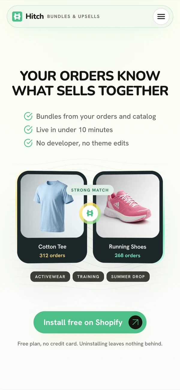 Hitch marketing site on mobile: Your orders know what sells together