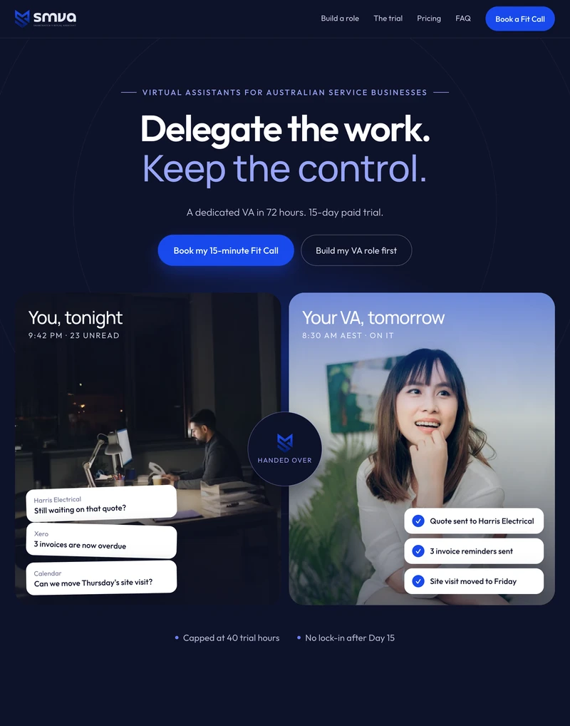 SmartMatch VA homepage: Delegate the work. Keep the control.